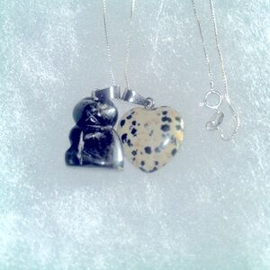 Gothic Onyx Cat and Dalmatian Jasper Heart ♥️ Silver 16” Neck…